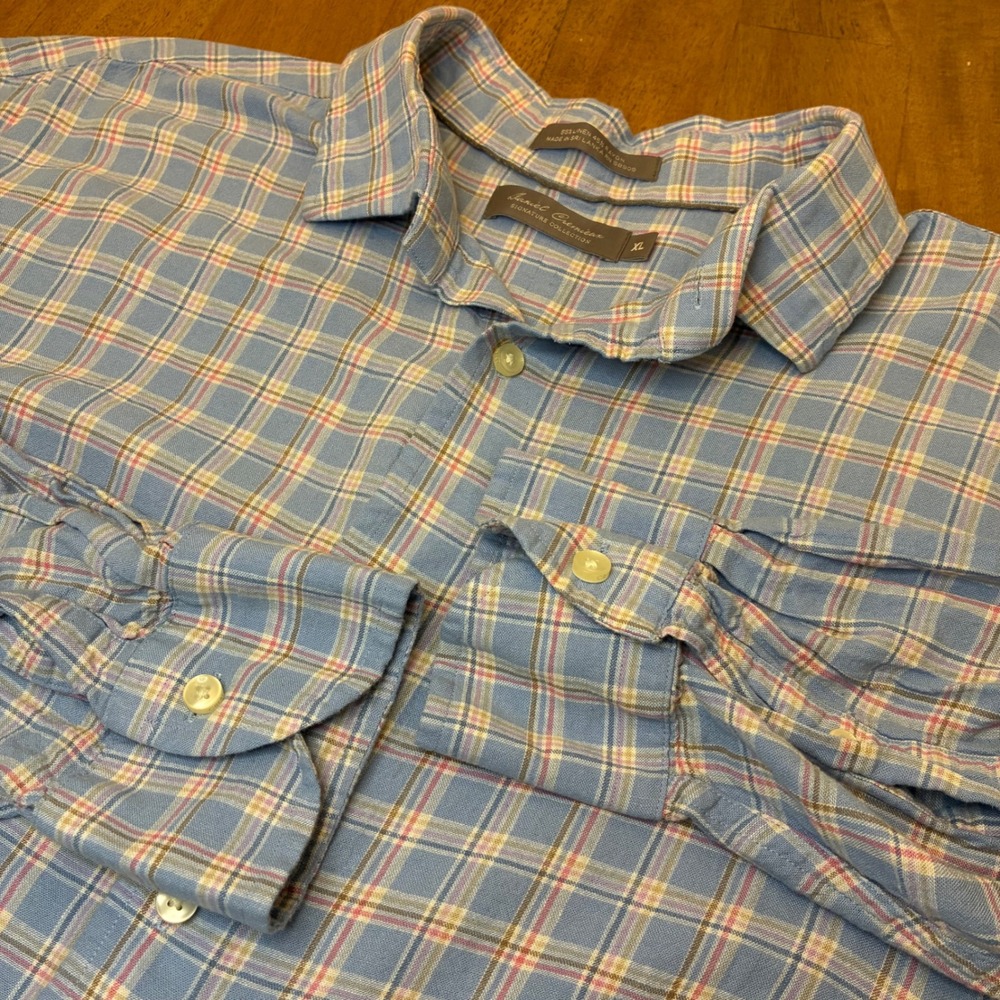 Daniel Cremieux Signature Men's XL Blue Plaid Linen Rayon Shirt Button Luxe
